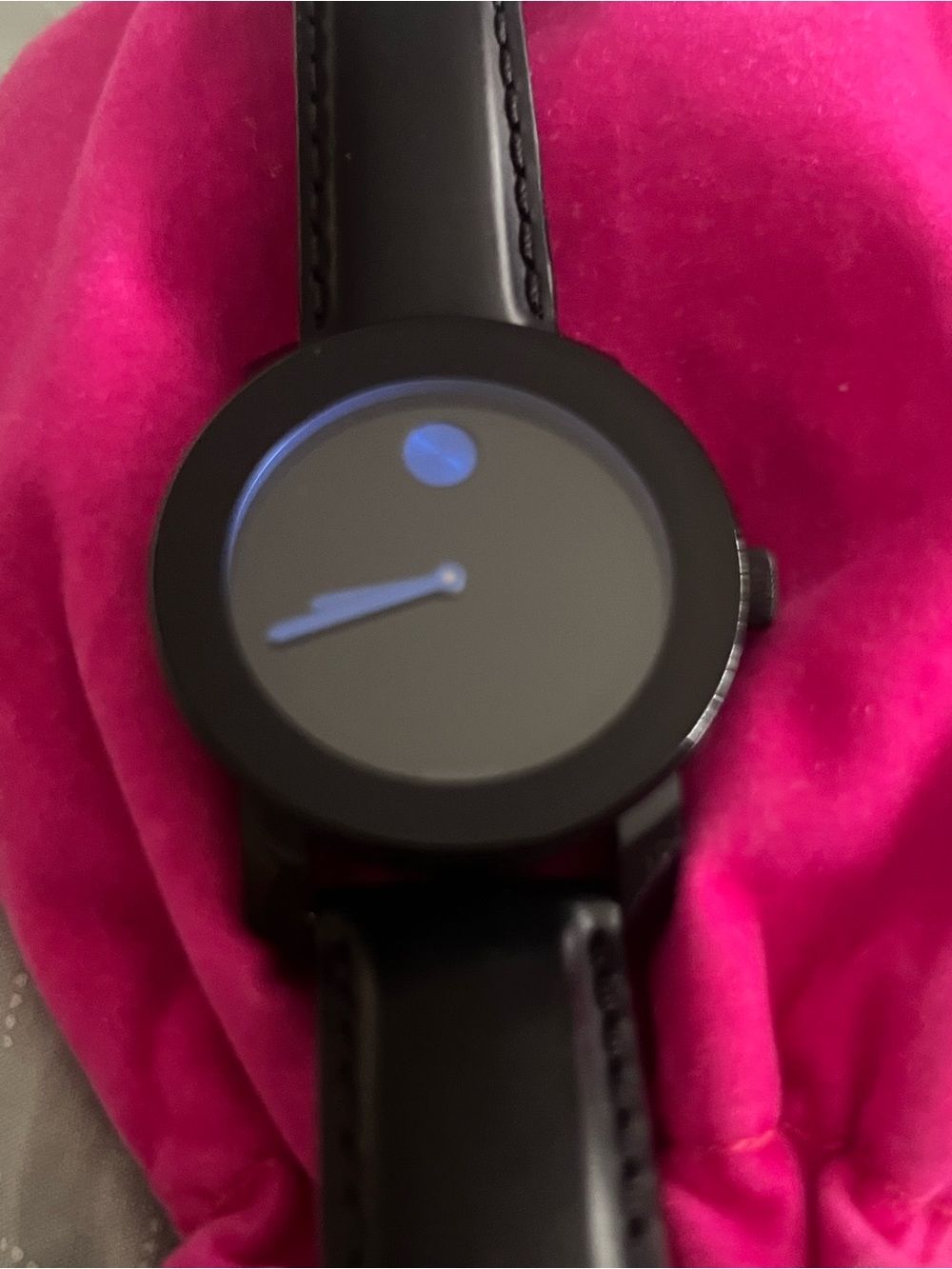Movado Black Leather Watch with Subtle Blue Accent